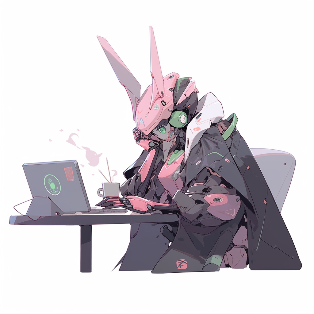 **a mecha using a computer. White background. Kawaii. Pink. Green. Pale. Cute. Facing right --niji 5 --v 5** - Image #2