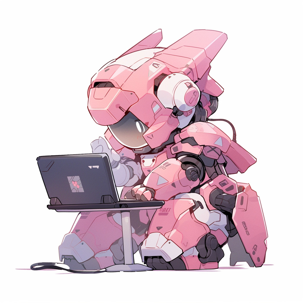 **a mecha using a computer. White background. Kawaii. Pink. Green. Pale. Cute. Facing right --niji 5 --v 5** - Image #1