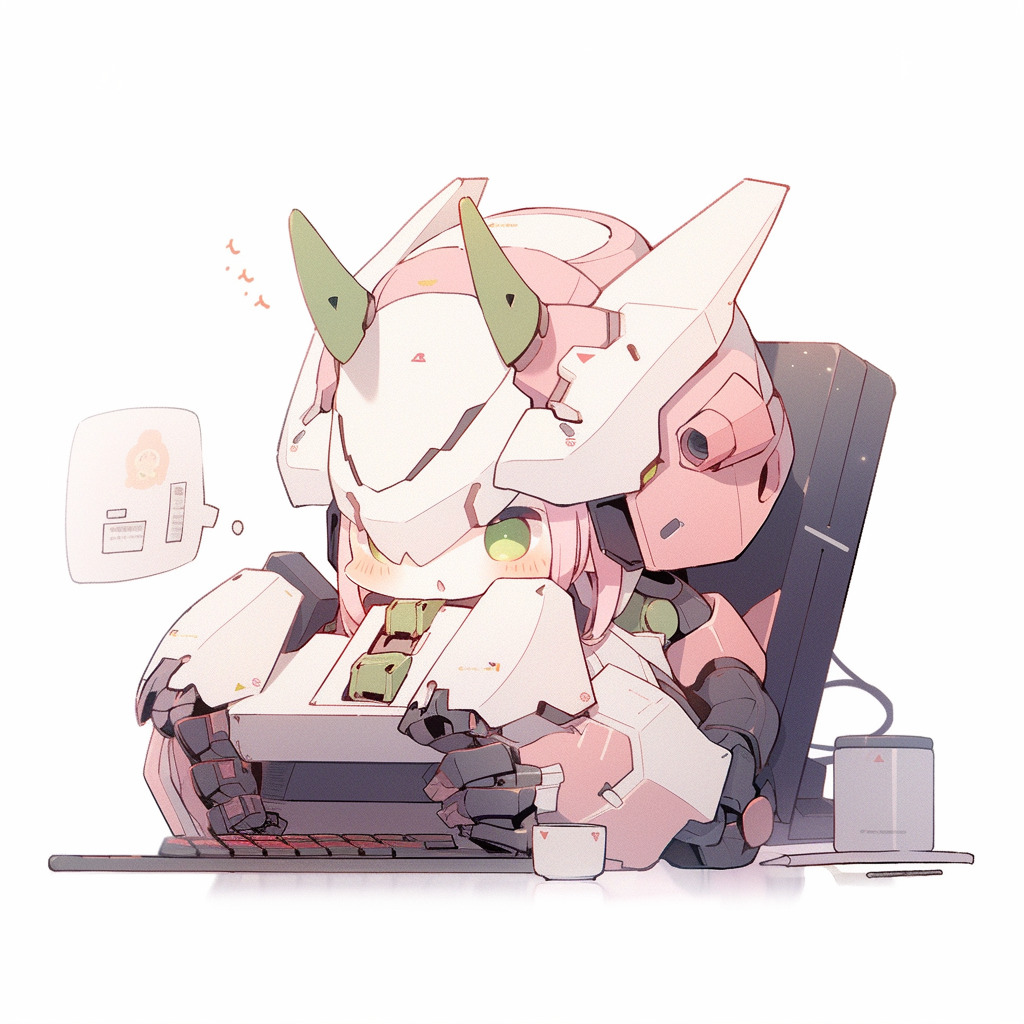 **a mecha using a computer. White background. Kawaii. Pink. Green. Pale. Cute. Facing right --niji 5 --v 5** - Image #1