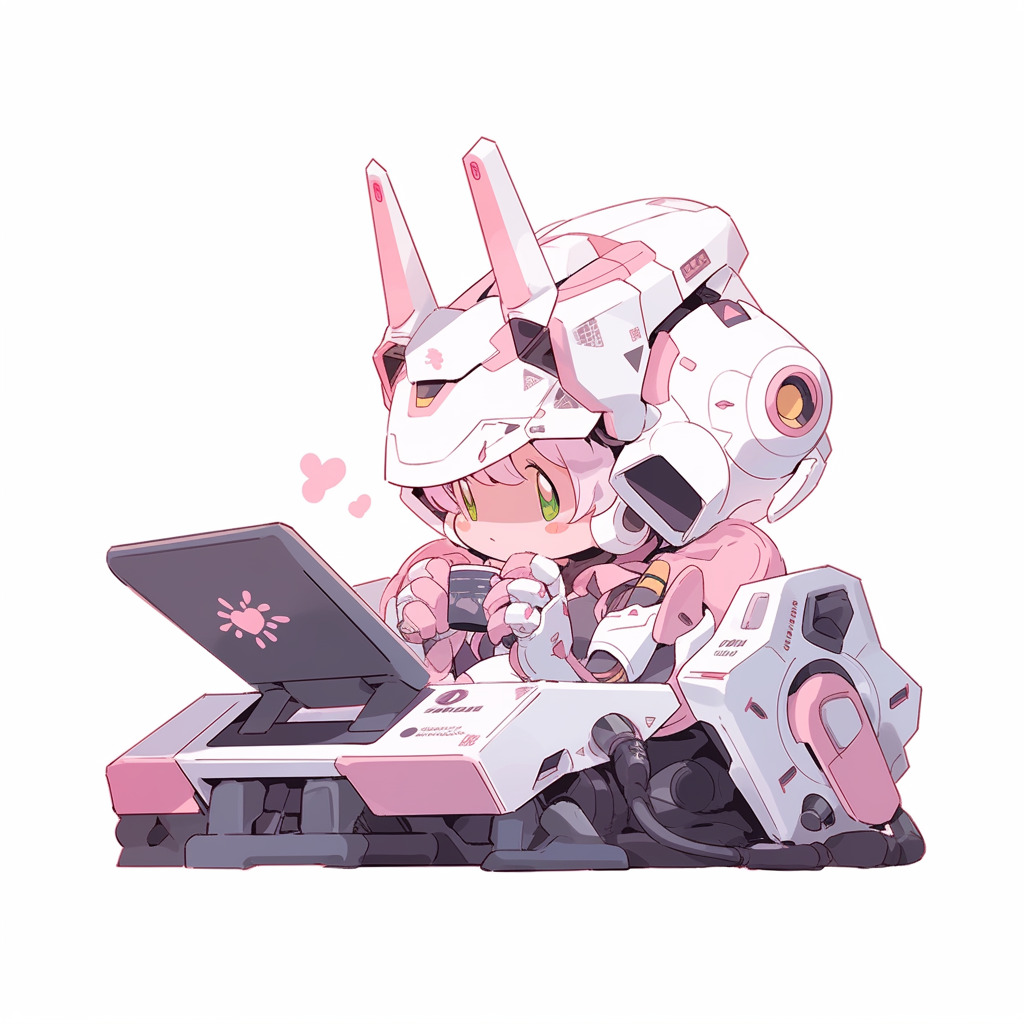 **a mecha using a computer. White background. Kawaii. Pink. Green. Pale. Cute. Facing right --niji 5 --v 5** - Image #2