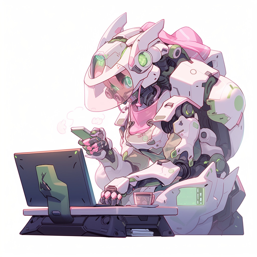 **a mecha using a computer. White background. Kawaii. Pink. Green. Pale. Cute. Facing right --niji 5 --v 5** - Image #3