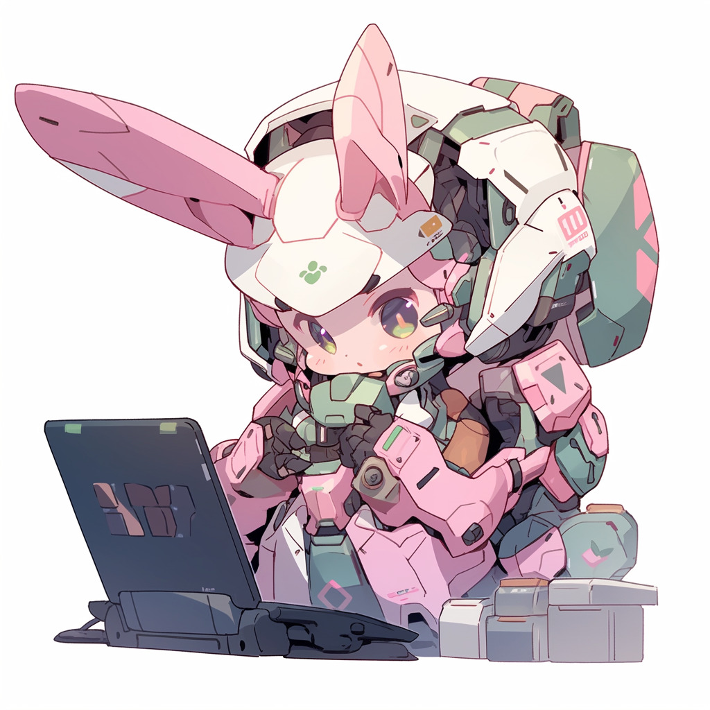 **a mecha using a computer. White background. Kawaii. Pink. Green. Pale. Cute. Facing right --niji 5 --v 5** - Image #3