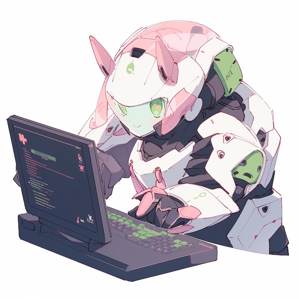 **a mecha using a computer. White background. Kawaii. Pink. Green. Pale. Cute. Facing right --niji 5 --v 5** - Image #4