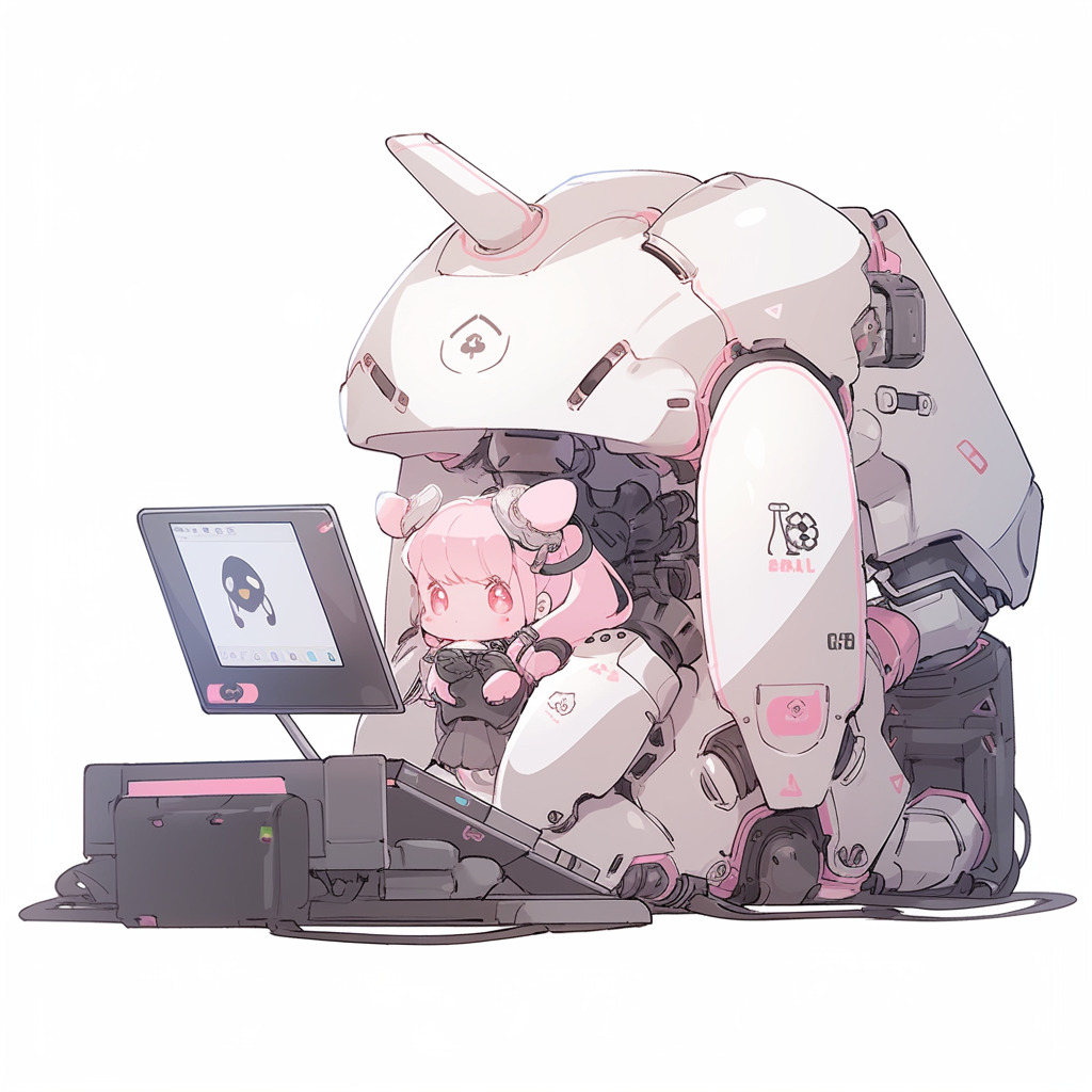 **a mecha using a computer. White background. Kawaii. Pink. Green. Pale. Cute. Facing right --niji 5 --v 5** - Image #4