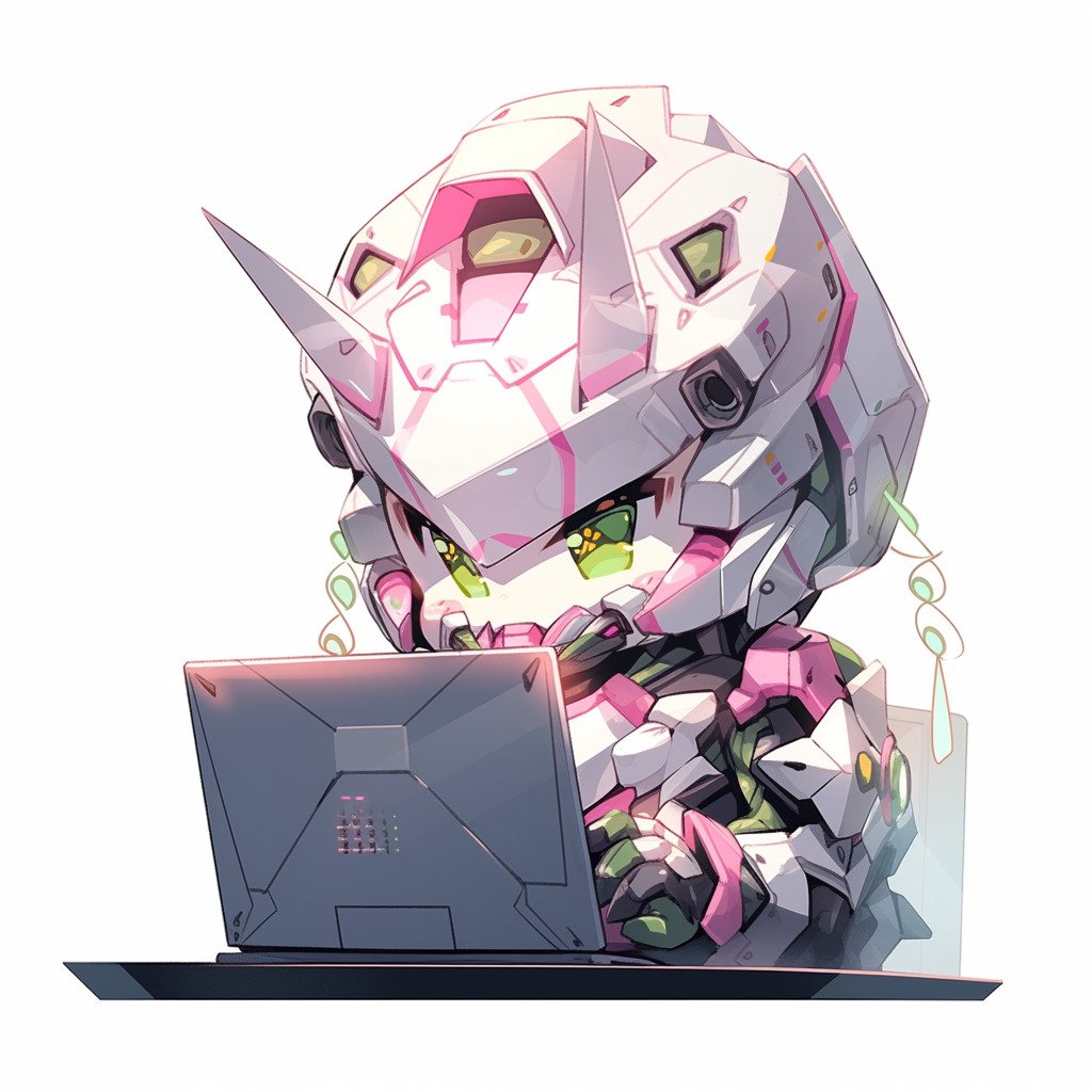**a mecha using a computer. White background. Kawaii. Pink. Green. Pale. Cute. Facing right --niji 5 --v 5** - Image #2