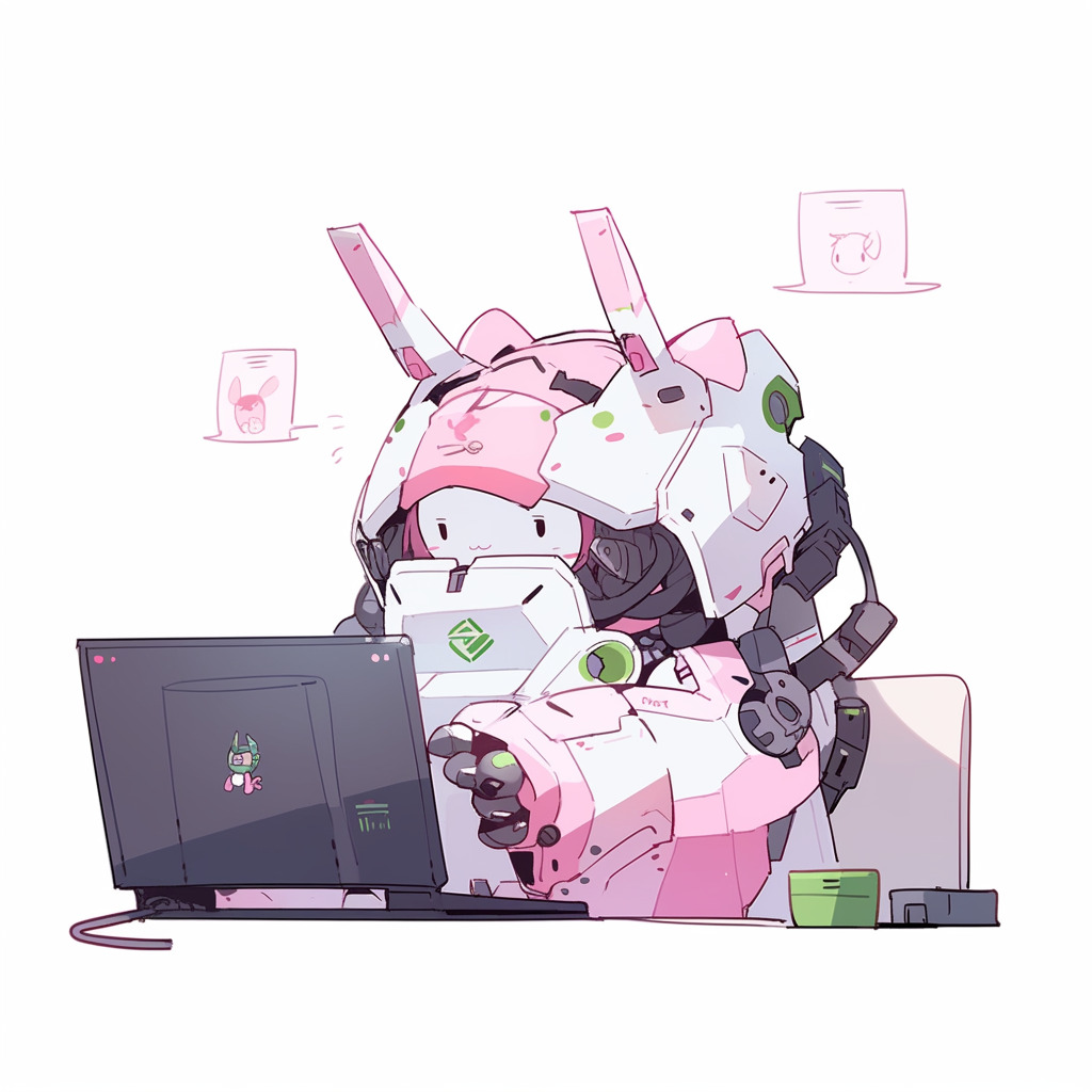 **a mecha using a computer. White background. Kawaii. Pink. Green. Pale. Cute. Facing right --niji 5 --v 5** - Image #4