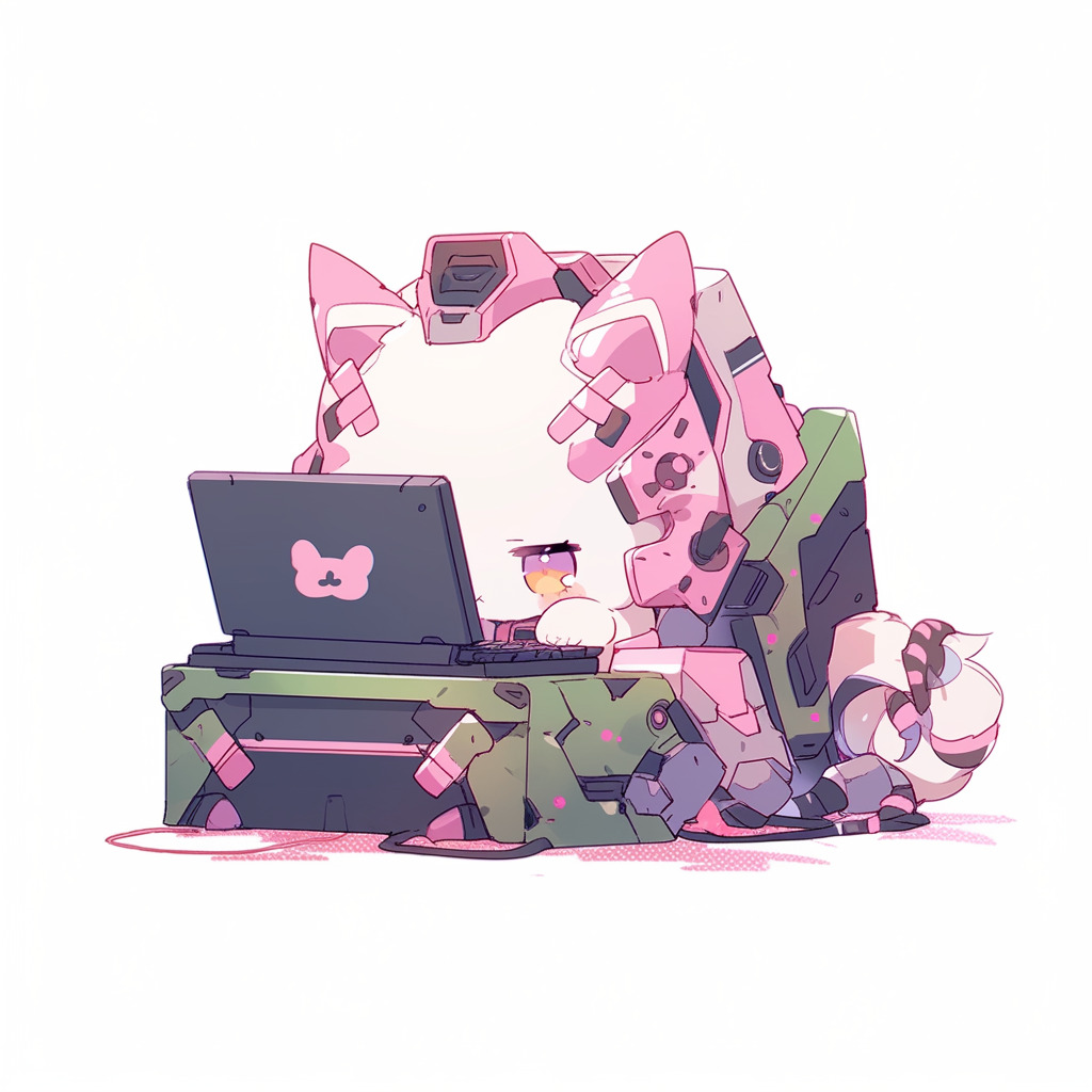 **a mecha using a computer. White background. Kawaii. Pink. Green. Pale. Cute. Facing right --niji 5 --v 5** - Image #4