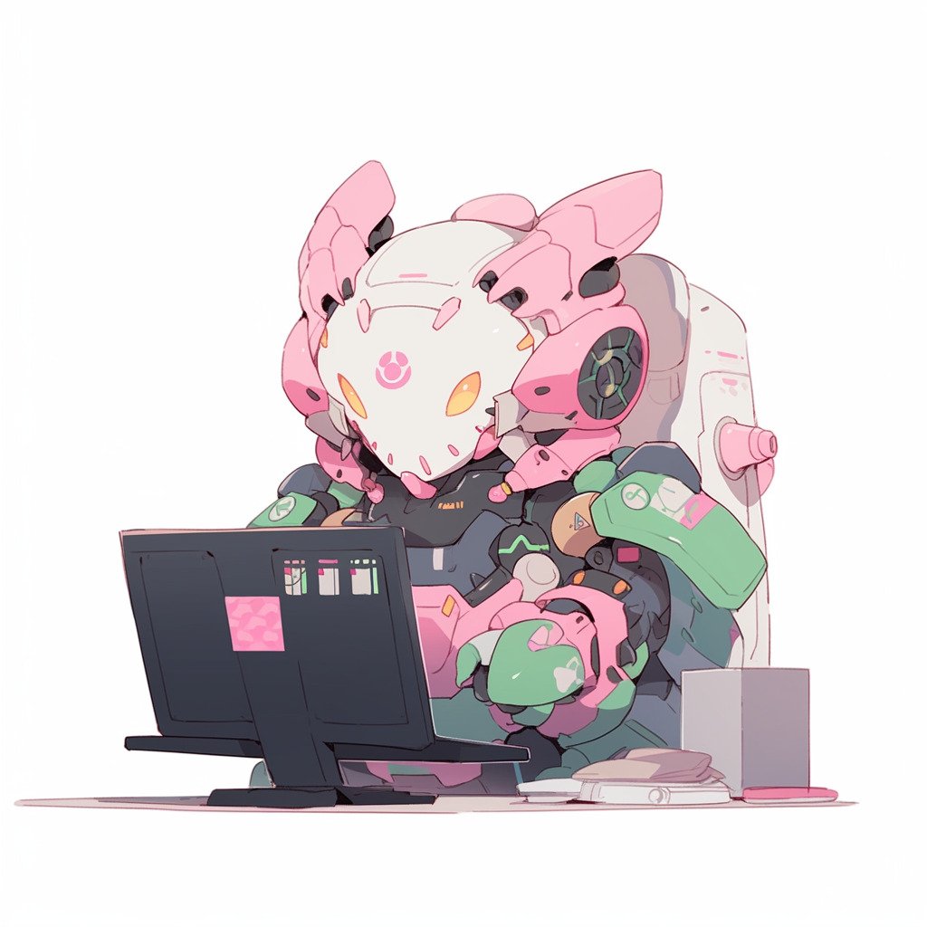 **a mecha using a computer. White background. Kawaii. Pink. Green. Pale. Cute. Facing right --niji 5 --v 5** - Image #3