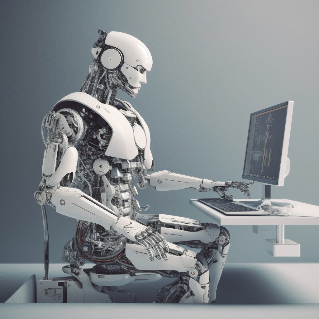 **a robot using a beautiful futuristic minimalstic computer --v 5** - Image #4