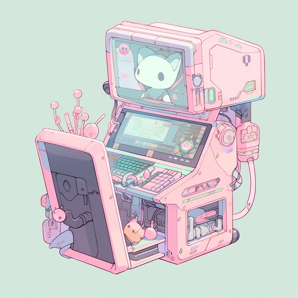 **a robot using a computer. Kawaii. Pink. Green. Pale. Cute --niji 5** - Image #3