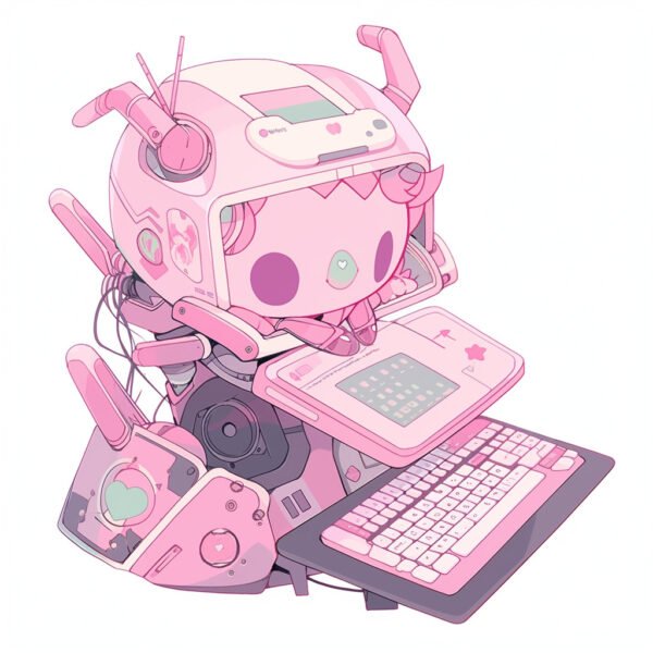**a robot using a computer. White background. Kawaii. Pink. Green. Pale. Cute. Facing right --niji 5** - Image #4