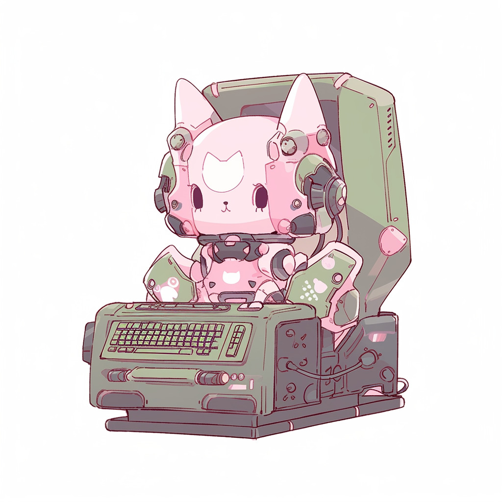 **a robot using a computer. White background. Kawaii. Pink. Green. Pale. Cute. Facing right --niji 5** - Image #1