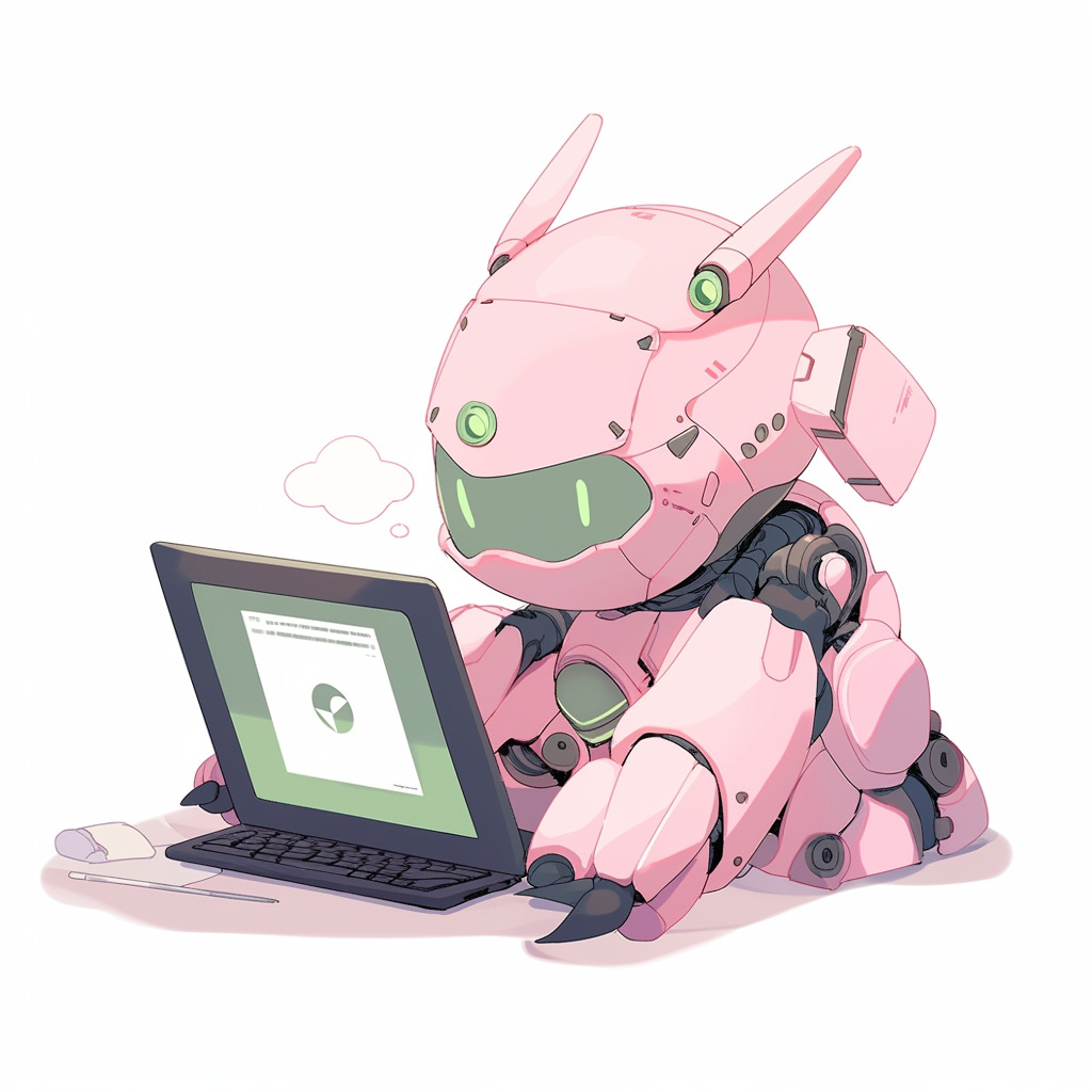 **a robot using a computer. White background. Kawaii. Pink. Green. Pale. Cute. Facing right --niji 5 --v 5** - Image #1