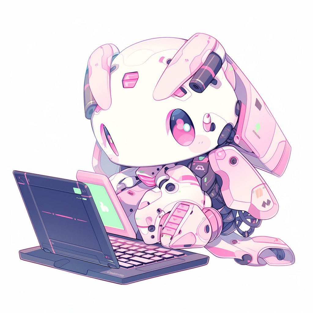 **a robot using a computer. White background. Kawaii. Pink. Green. Pale. Cute --niji 5** - Image #1