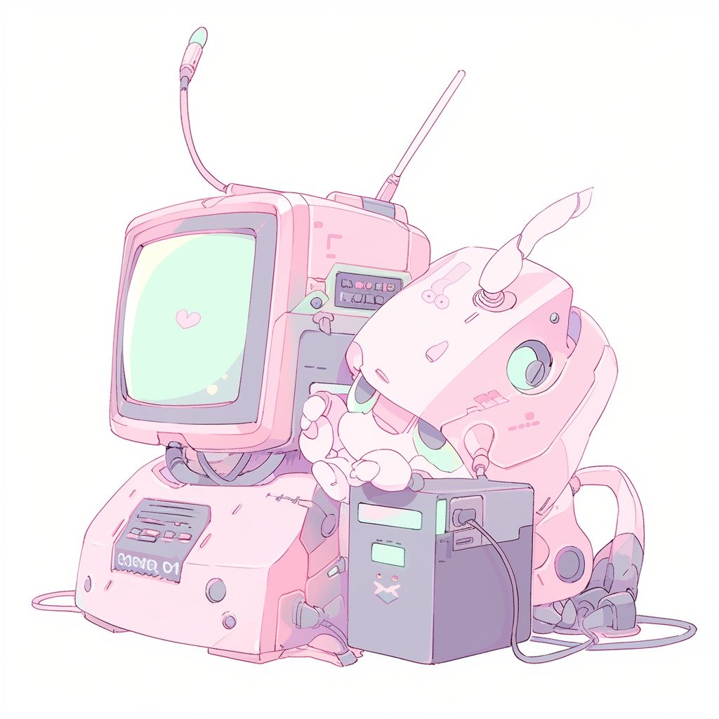 **a robot using a computer. White background. Kawaii. Pink. Green. Pale. Cute. Facing right --niji 5 --v 5** - Image #3