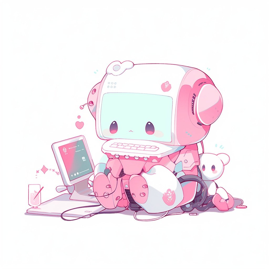 **a robot using a computer. White background. Kawaii. Pink. Green. Pale. Cute --niji 5** - Image #1