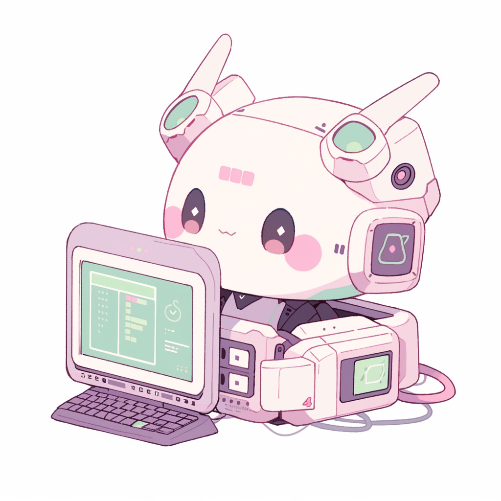 **a robot using a computer. White background. Kawaii. Pink. Green. Pale. Cute. Facing right --niji 5** - Image #2