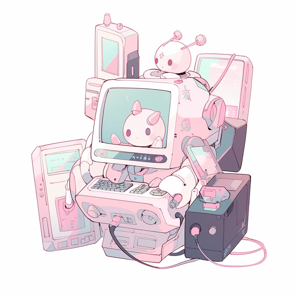 **a robot using a computer. White background. Kawaii. Pink. Green. Pale. Cute --niji 5** - Image #4