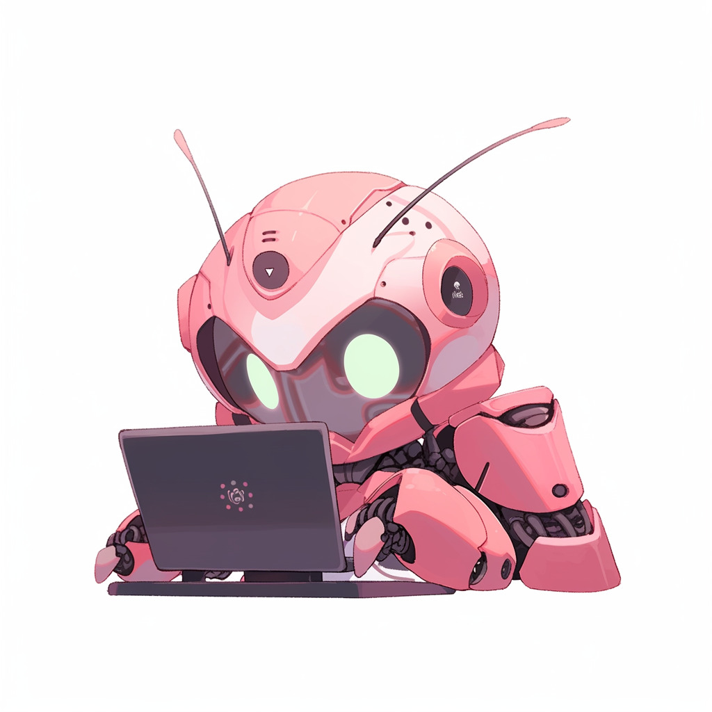 **a robot using a computer. White background. Kawaii. Pink. Green. Pale. Cute. Facing right --niji 5** - Image #1