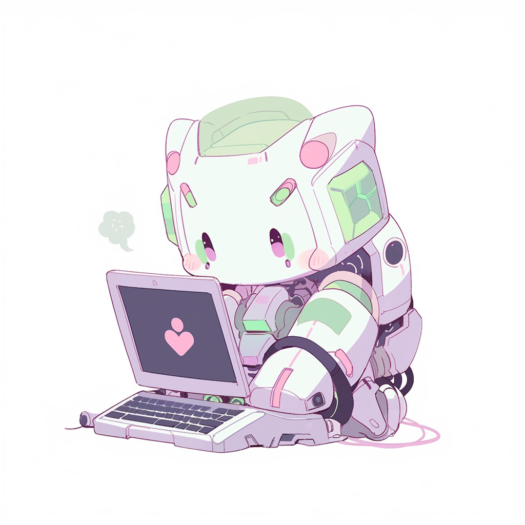 **a robot using a computer. White background. Kawaii. Pink. Green. Pale. Cute. Facing right --niji 5** - Image #3