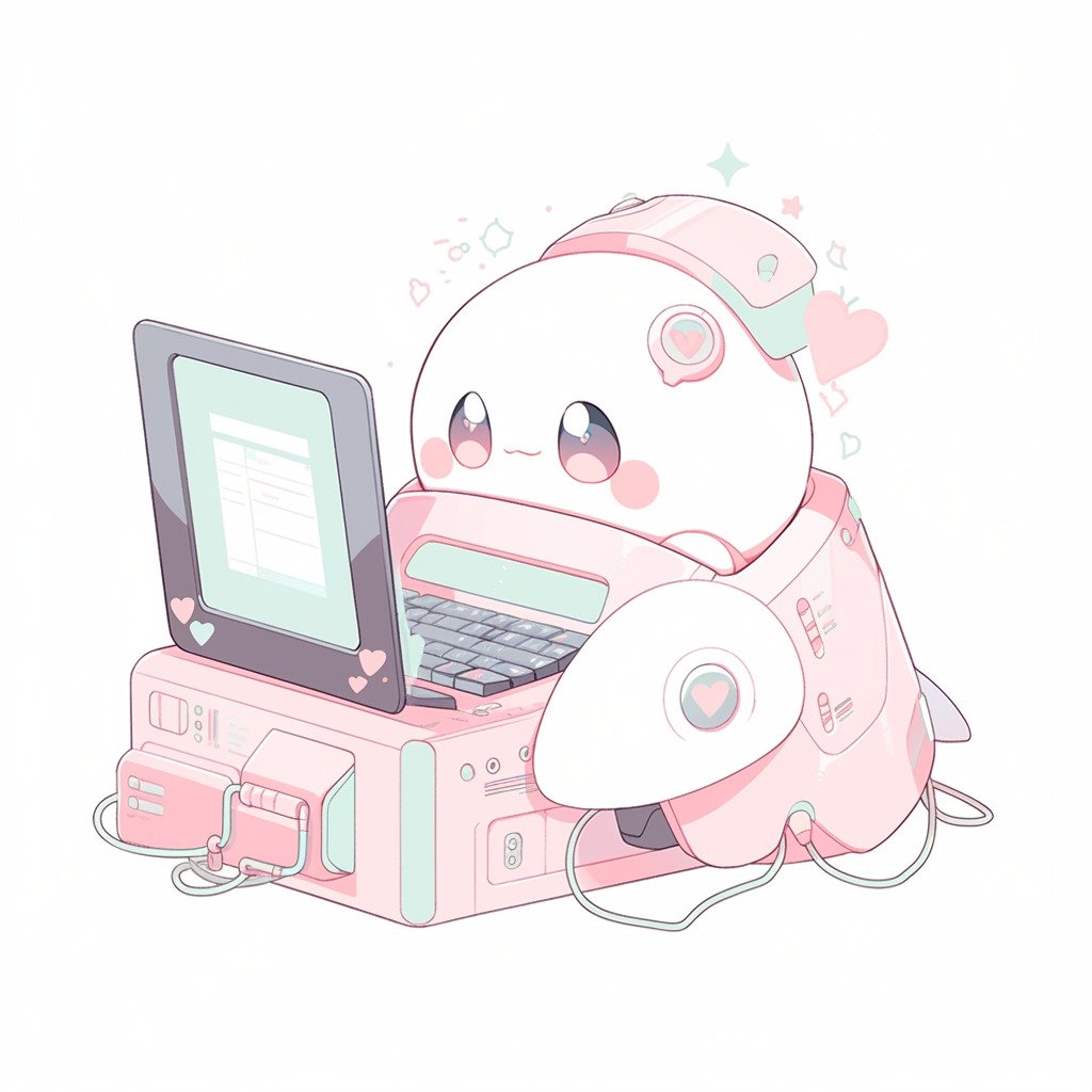 **a robot using a computer. White background. Kawaii. Pink. Green. Pale. Cute. Facing right --niji 5** - Image #3