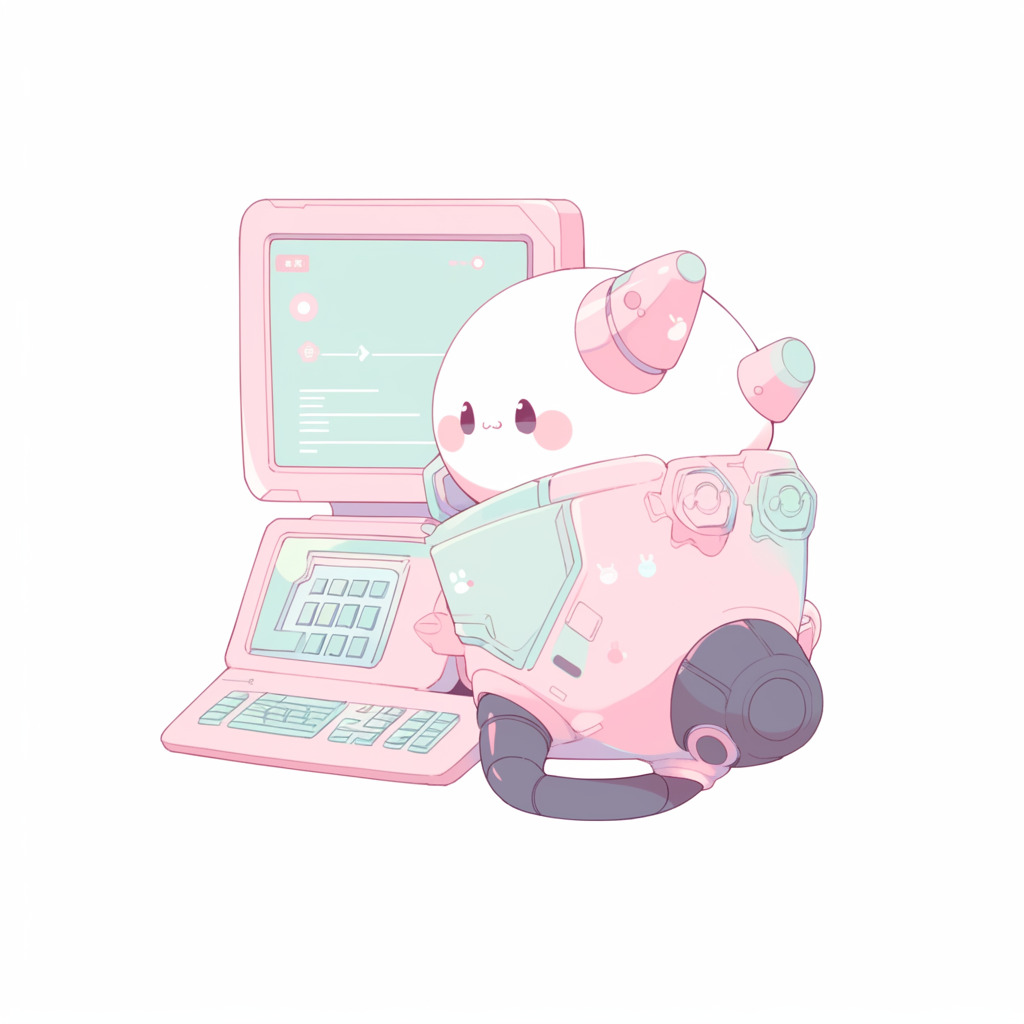 **a robot using a computer. White background. Kawaii. Pink. Green. Pale. Cute. Facing right --niji 5 --v 5** - Image #4