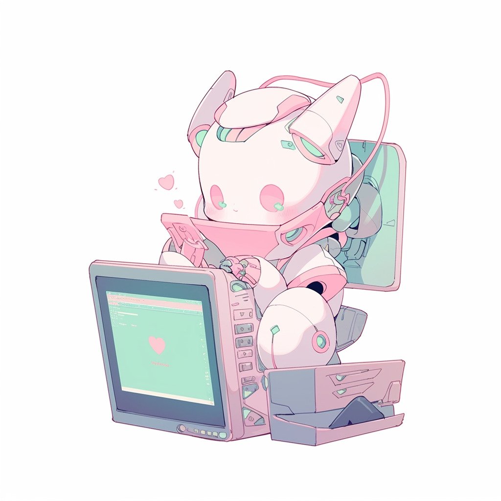 **a robot using a computer. White background. Kawaii. Pink. Green. Pale. Cute --niji 5** - Image #2
