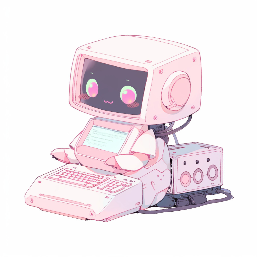 **a robot using a computer. White background. Kawaii. Pink. Green. Pale. Cute. Facing right --niji 5** - Image #4