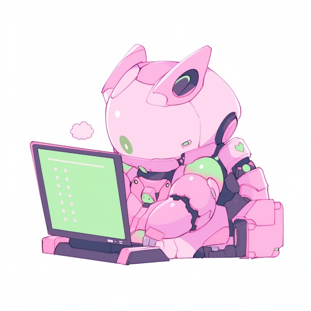 **a robot using a computer. White background. Kawaii. Pink. Green. Pale. Cute. Facing right --niji 5 --v 5** - Image #3