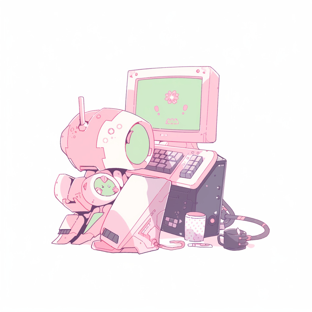 **a robot using a computer. White background. Kawaii. Pink. Green. Pale. Cute. Facing right --niji 5 --v 5** - Image #4