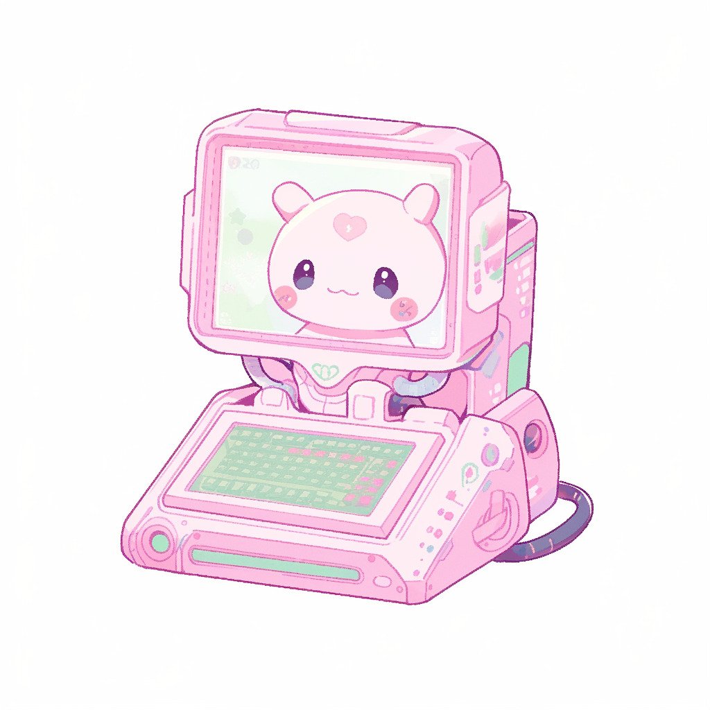 **a robot using a computer. White background. Kawaii. Pink. Green. Pale. Cute. Facing right --niji 5 --v 5** - Image #1
