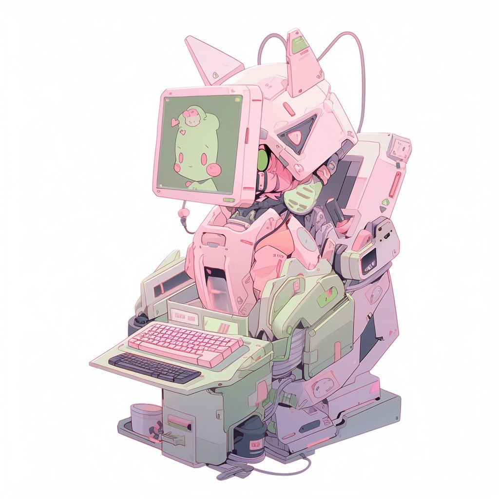 **a robot using a computer. White background. Kawaii. Pink. Green. Pale. Cute. Facing right --niji 5 --v 5** - Image #2