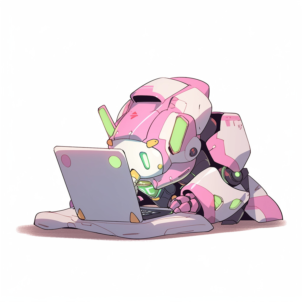 **a robot using a computer. White background. Kawaii. Pink. Green. Pale. Cute. Facing right --niji 5** - Image #2