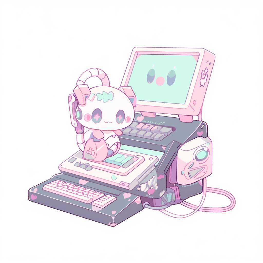 **a robot using a computer. White background. Kawaii. Pink. Green. Pale. Cute. Facing right --niji 5** - Image #4