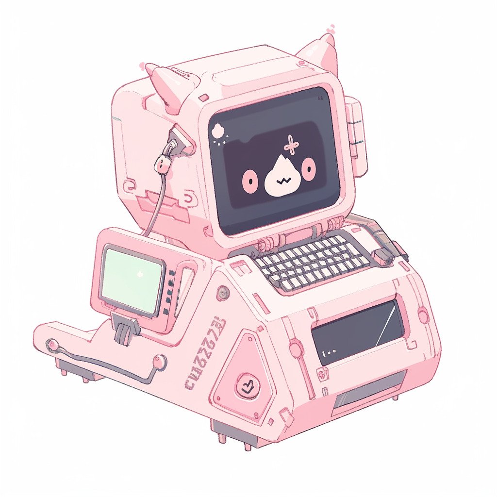 **a robot using a computer. White background. Kawaii. Pink. Green. Pale. Cute. Facing right --niji 5** - Image #1
