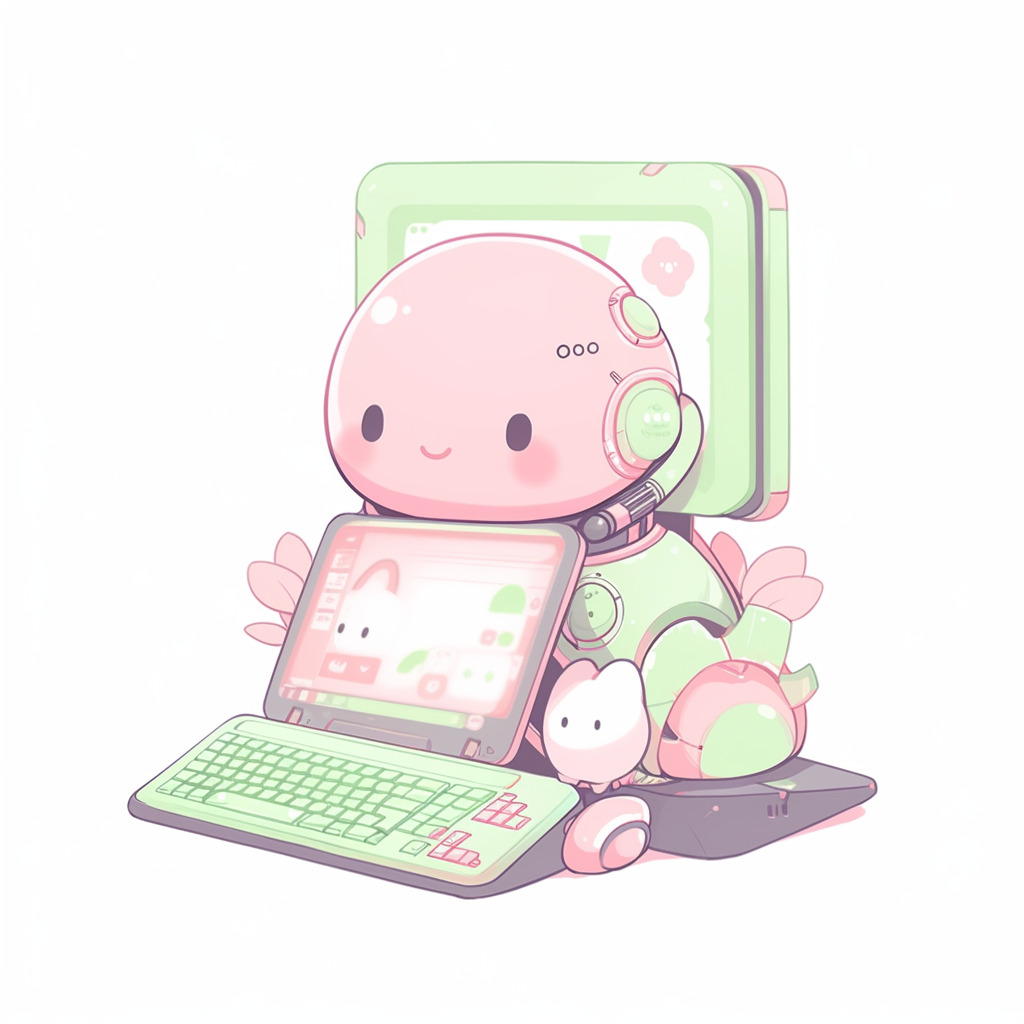 **a robot using a computer. White background. Kawaii. Pink. Green. Pale. Cute. Facing right --niji 5 --v 5** - Image #2