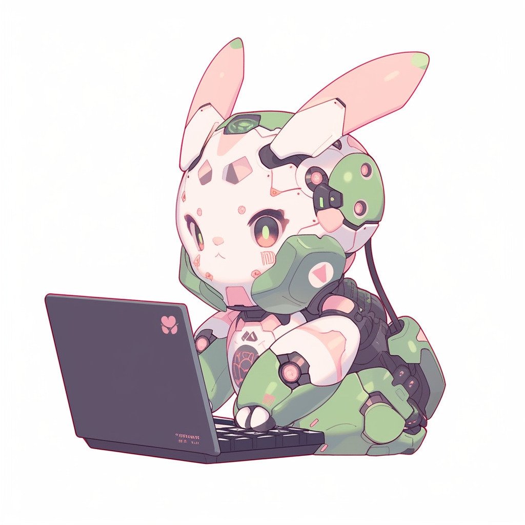 **a robot using a computer. White background. Kawaii. Pink. Green. Pale. Cute. Facing right --niji 5 --v 5** - Image #4