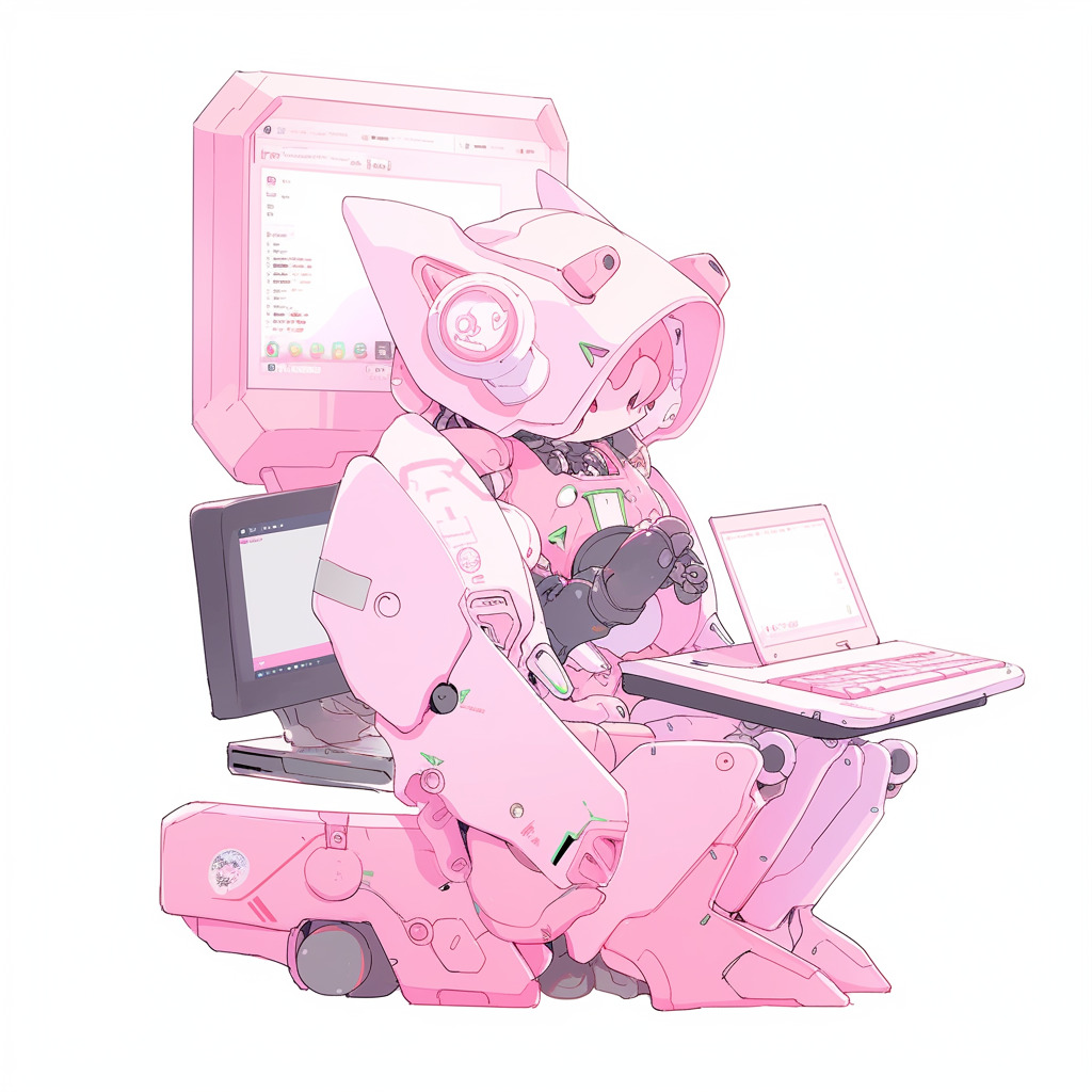 **a robot using a computer. White background. Kawaii. Pink. Green. Pale. Cute --niji 5** - Image #3