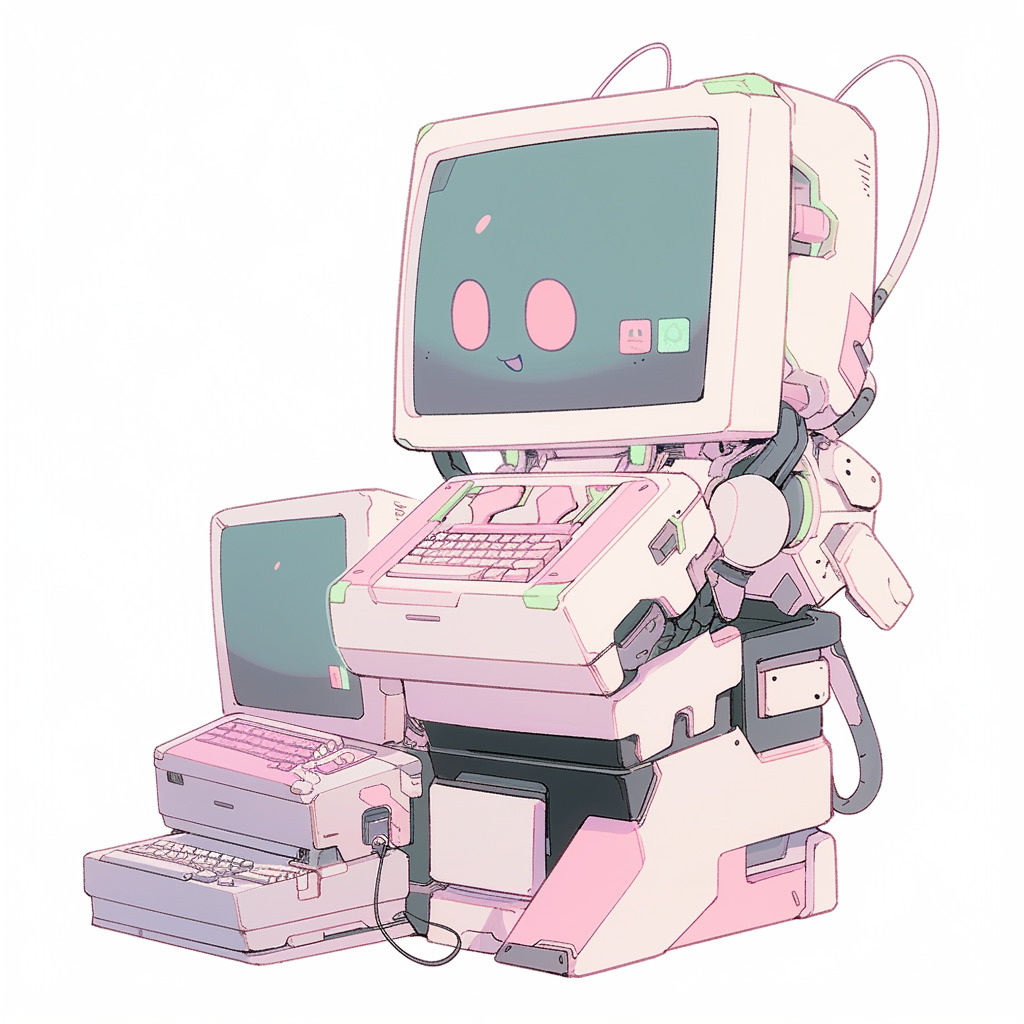 **a robot using a computer. White background. Kawaii. Pink. Green. Pale. Cute. Facing right --niji 5 --v 5** - Image #3