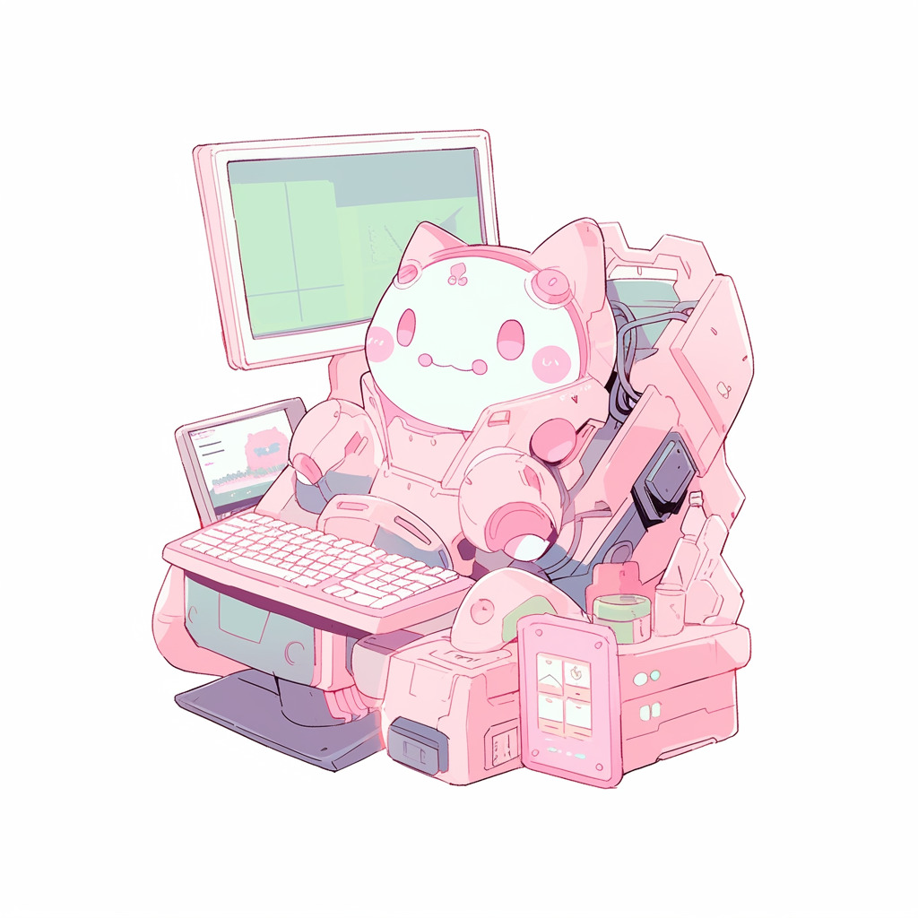 **a robot using a computer. White background. Kawaii. Pink. Green. Pale. Cute --niji 5** - Image #2