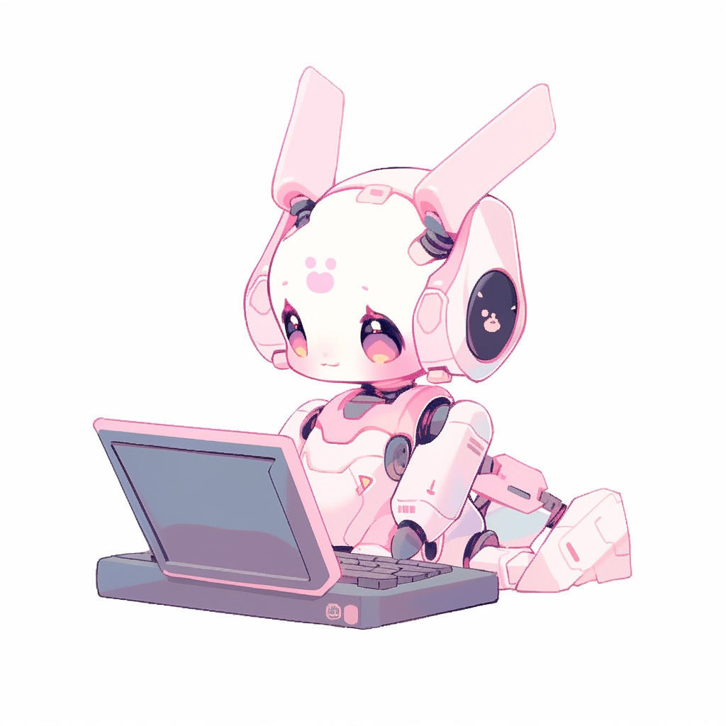 **a robot using a computer. White background. Kawaii. Pink. Green. Pale. Cute. Facing right --niji 5 --v 5** - Image #2