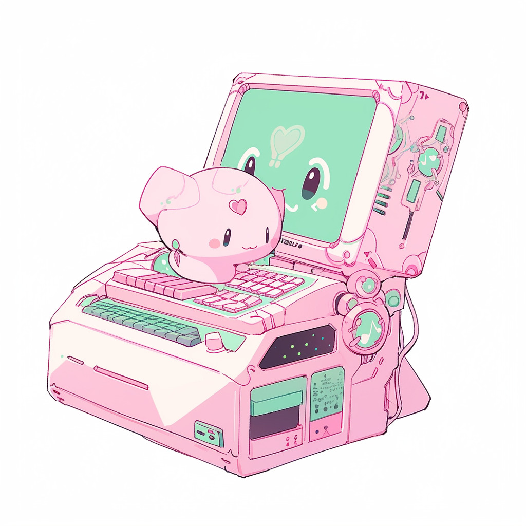 **a robot using a computer. White background. Kawaii. Pink. Green. Pale. Cute. Facing right --niji 5** - Image #3