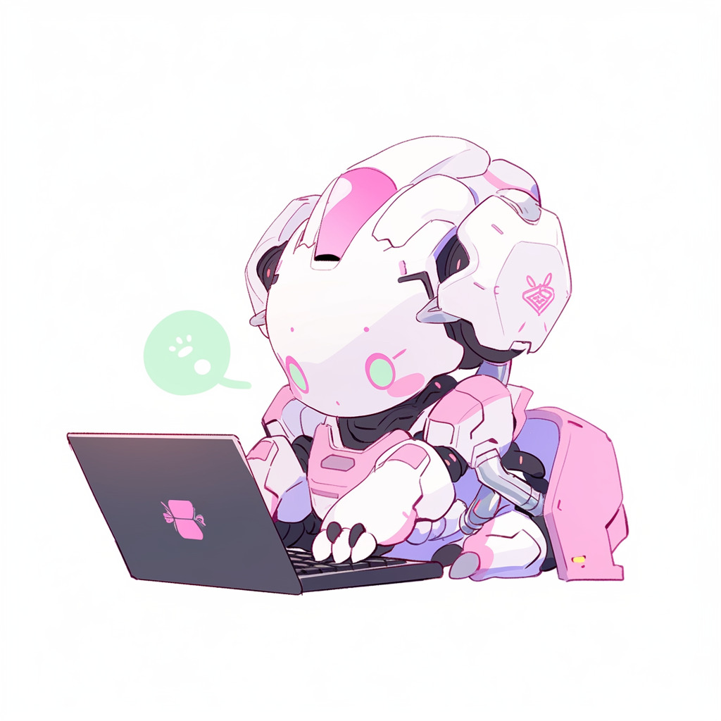 **a robot using a computer. White background. Kawaii. Pink. Green. Pale. Cute --niji 5** - Image #3