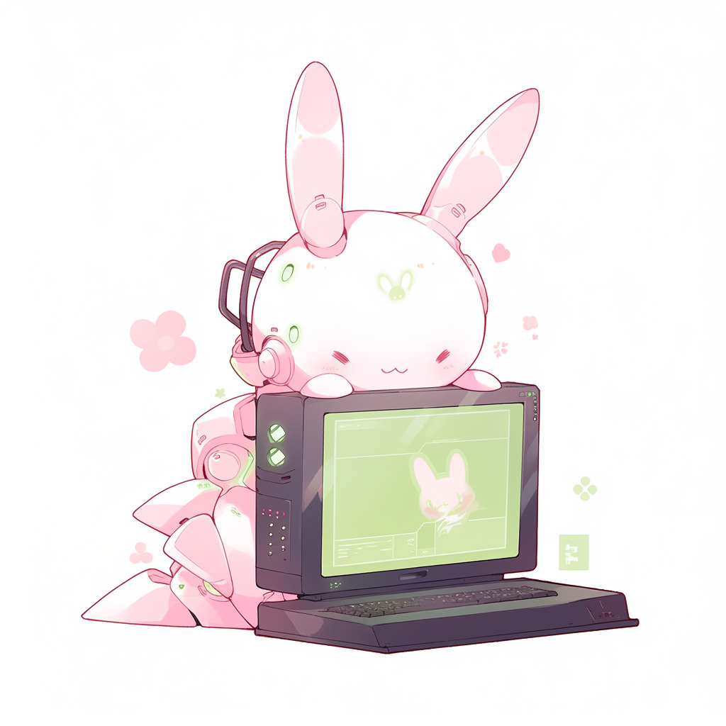 **a robot using a computer. White background. Kawaii. Pink. Green. Pale. Cute. Facing right --niji 5** - Image #1