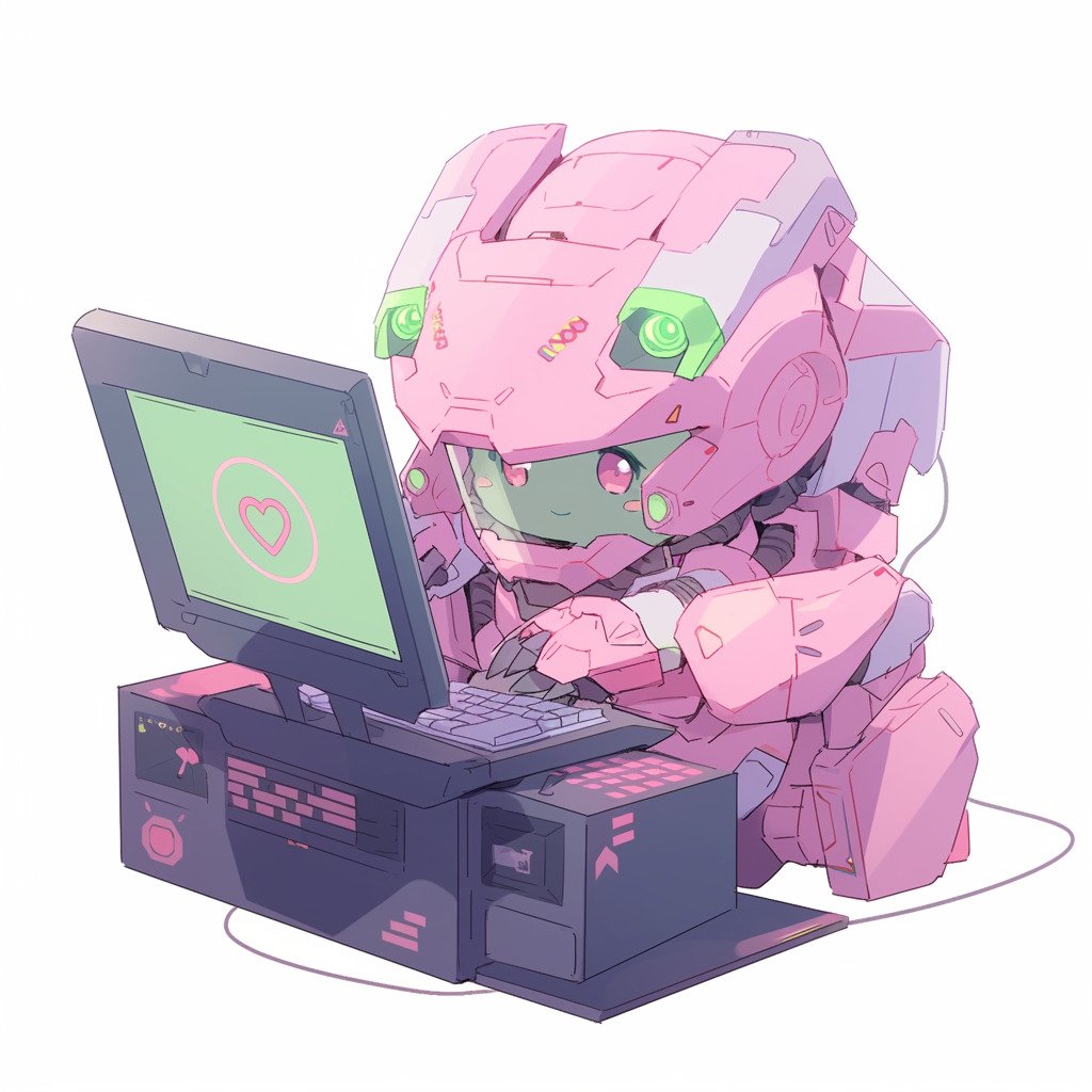 **a robot using a computer. White background. Kawaii. Pink. Green. Pale. Cute. Facing right --niji 5** - Image #2
