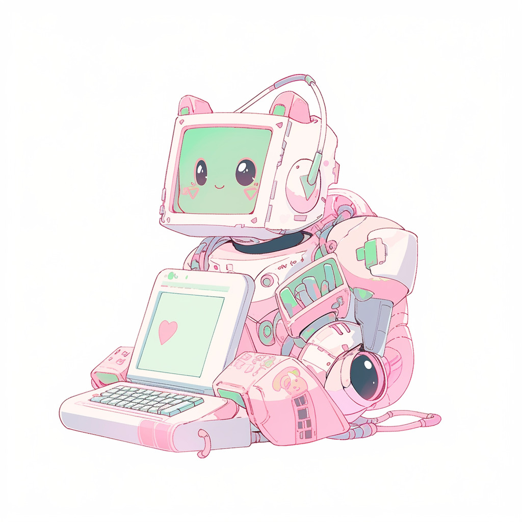 **a robot using a computer. White background. Kawaii. Pink. Green. Pale. Cute. Facing right --niji 5** - Image #4