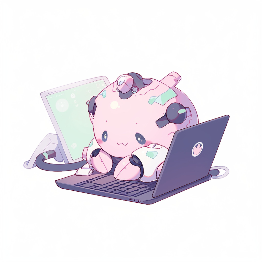 **a robot using a computer. White background. Kawaii. Pink. Green. Pale. Cute --niji 5** - Image #1