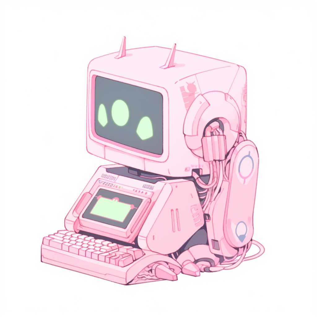 **a robot using a computer. White background. Kawaii. Pink. Green. Pale. Cute. Facing right --niji 5 --v 5** - Image #2