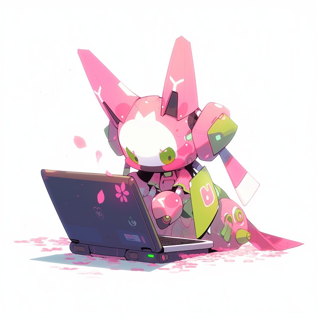**a robot using a computer. White background. Kawaii. Pink. Green. Pale. Cute. Facing right --niji 5** - Image #1