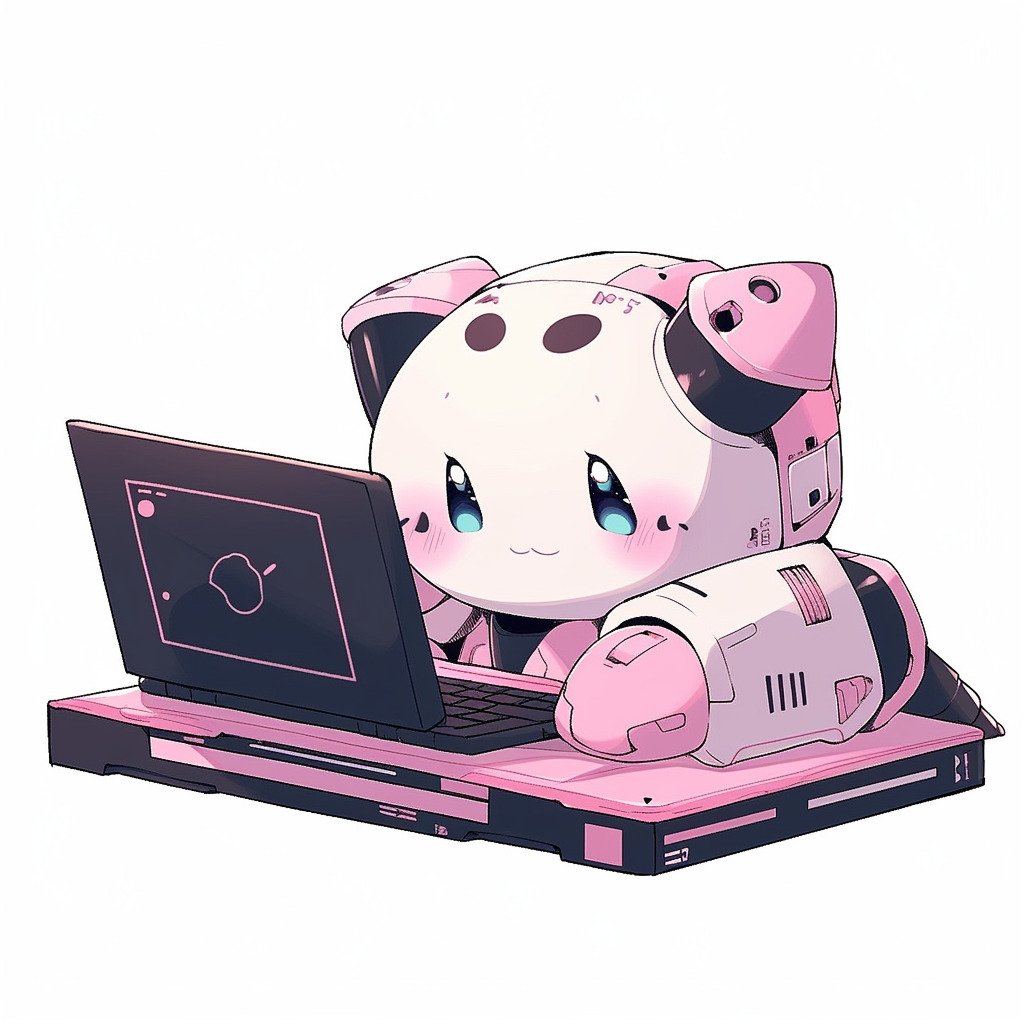**a robot using a computer. White background. Kawaii. Pink. Green. Pale. Cute. Facing right --niji 5** - Image #2